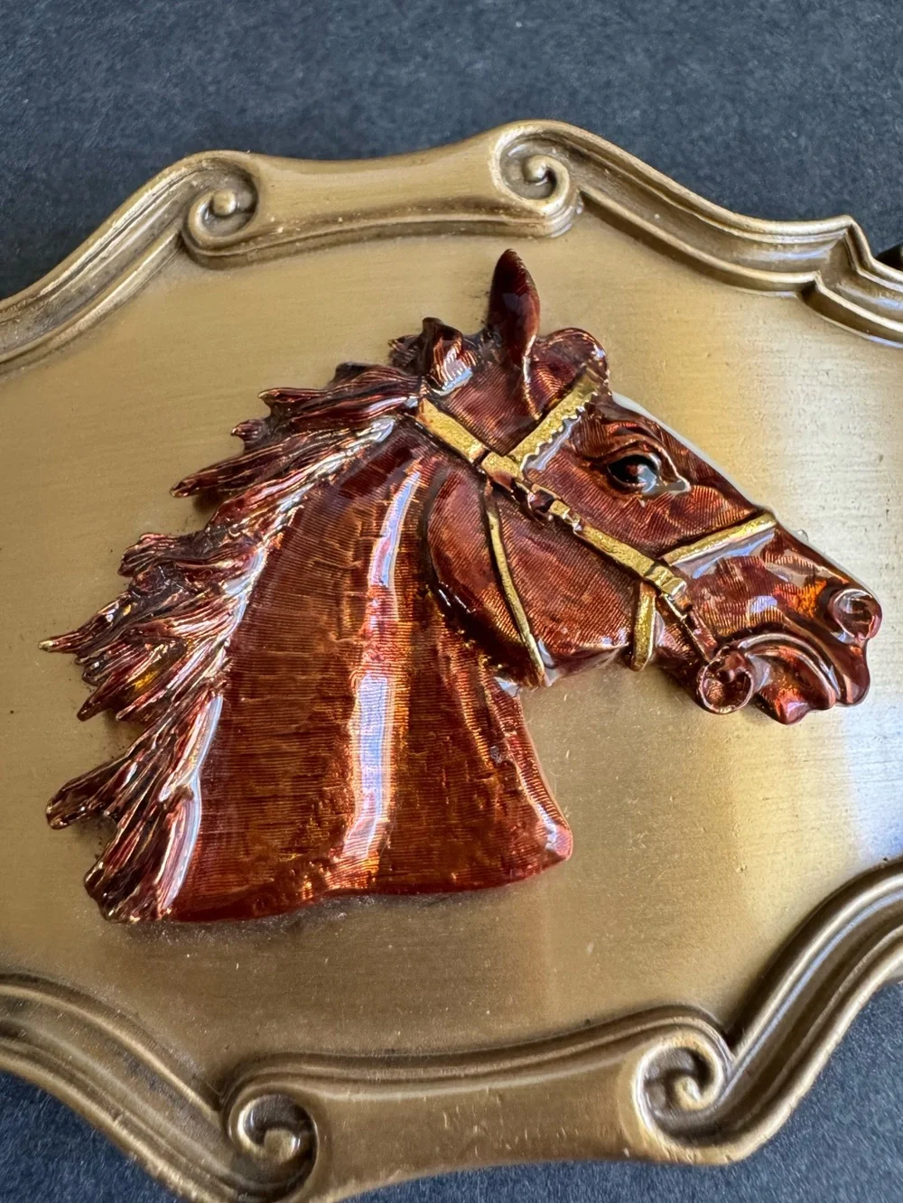 Vintage Western Belt Buckle Horse Head Mustang Pony Raintree 1980s Enamel USA